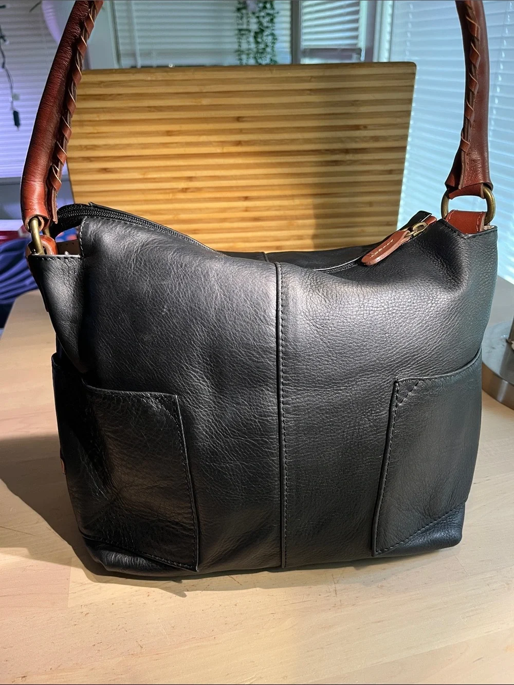 Sundance Black/Chestnut Brown Leather Accent with Cream Interior hobo bag